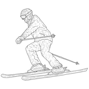 Mountain slalom skier silhouette sketch on white background