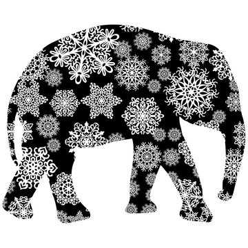 Christmas card elephant in snowflakes on a white background