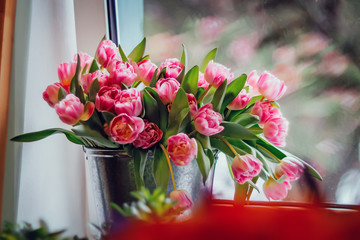 A large bouquet of pink tulips in an iron bucket close-up stands on the window in daylight. Spring flowers as a gift to women and girls for the holiday on March 8. Floral compositions 