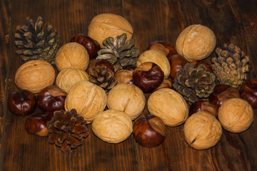 Autumn composition. Pine cones, walnuts, chestnuts on wooden Dark rustic background.