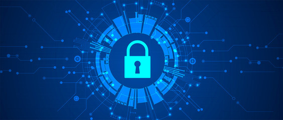 internet digital security technology concept for business background. Lock on circuit board