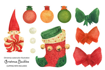 Christmas baubles, watercolor illustration