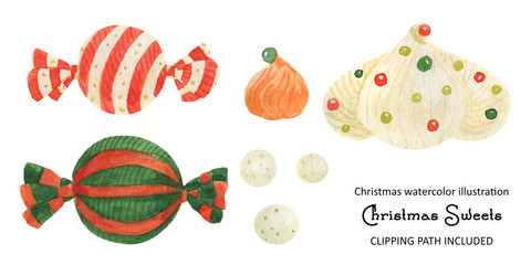 Christmas sweets lollipop and zefir, watercolor illustration