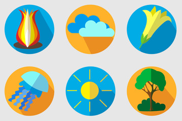  Modern vector collection of flat icons set with long shadow effect of nature theme - flower, clouds, sun, tree, fire and medusa. Isolated on grey background.