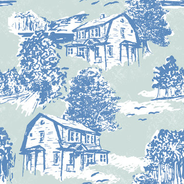 Vector Toile De Jouy Style Scene In Modern Hand Drawn Sketch. Rural Bucolic Countryside Fabric.