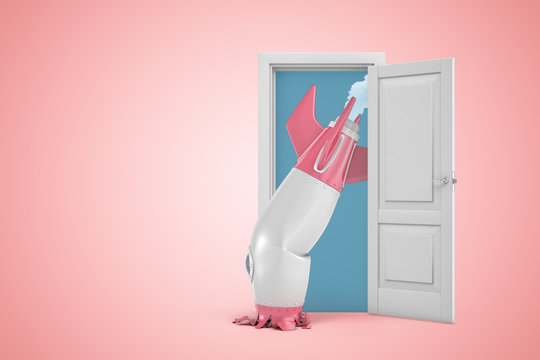 3d rendering of a white open doorway with broken damaged space rocket on light pink background