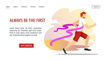 Web page design template for Running, Marathon, Sport, Winner, Success, Finish, Healthy lifestyle. Runner crossing the finish line. Vector illustration for poster, banner, placard, website, flyer.