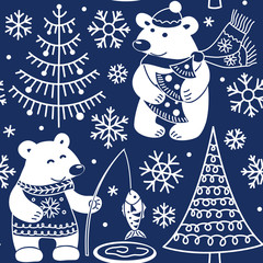 Polar bears and snowy forest seamless pattern. Blue and white Christmas background.