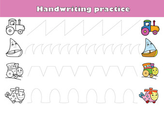 Handwriting practice sheet illustration vector. Engine, sailboat, tractor, helicopter.