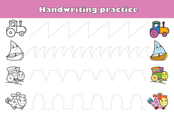 Handwriting practice sheet illustration vector. Engine, sailboat, tractor, helicopter.