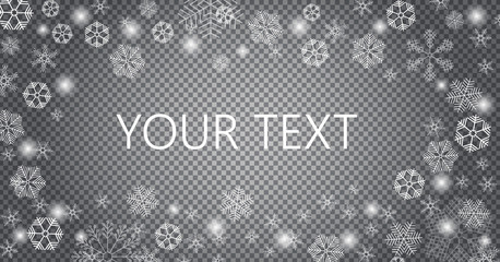 Snow is falling for christmas banner. Tracery snowflakes in different shapes are isolated on transparent background.
