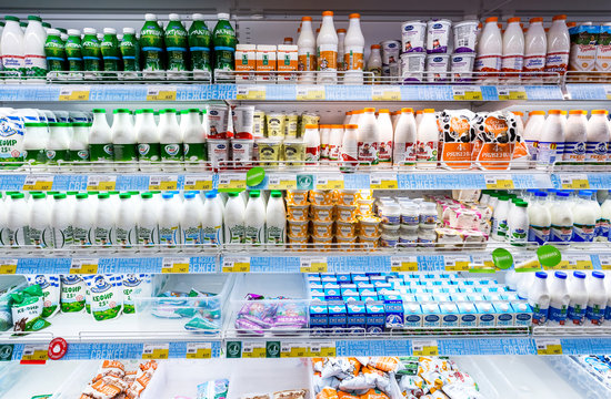 Fresh dairy products ready for sale in supermarket