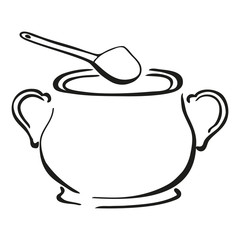 Black and white clay sugar bowl with spoon