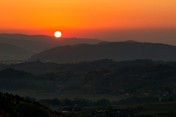 Fall in Slovakia. Meadows and fields landscape near Hrinova at sunset. © matkovci
