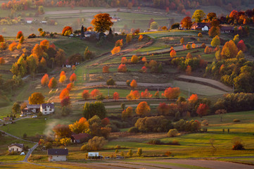 Fall in Slovakia. Meadows and fields landscape near Hrinova. Autumn colored cherry trees at sunset