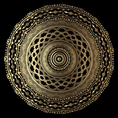 Gold 3d ornamental vector mandala pattern. Arabesque background. Round oriental style lace ornament. Surface golden texture. Decorative ornate design with golden shapes, flowers, dots, greek key.