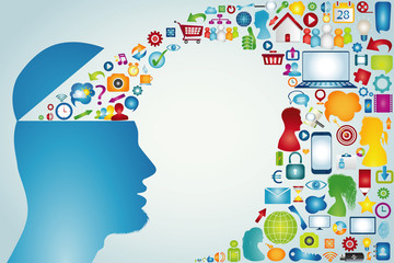 Social media communication. Online sharing. Discussion group or friends exchanging information and ideas. Social network connection. Communicate community. Man head with application icon. Community