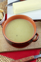 bowl of leek soup on a table