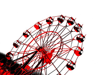 Stylized red and black Ferris wheel on white background.