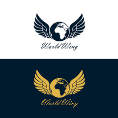 collection of earth planet globe icon with wings isolated on white and dark background