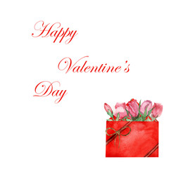 Watercolor hand painted february romantic composition with red gift box with golden bow, pink roses flowers bouquet and Happy Valentine's day text isolated on the white background for cards