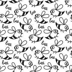 Seamless pattern with cute doodle bee. Vector hand drawn background . Black and white