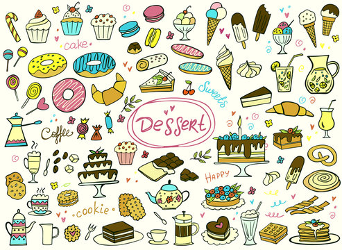 Set of colorful doodle sweets food on white. Vector illustration. Cakes, biscuits, baking, cookie, pastries, donut, ice cream, macaroons, coffee. Perfect for dessert menu or food package design.