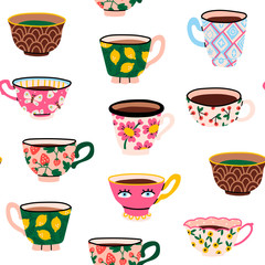 Set of various cups with tea or coffee. Side view. Different ornaments. Flowers, berries, etc Hand drawn colored trendy vector seamless pattern. Cartoon style. Flat design - 300965738