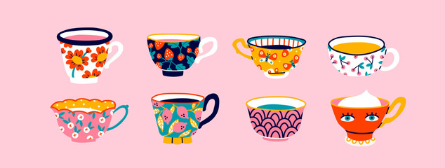 Set of various cups with tea or coffee. Side view. Different ornaments. Flowers, berries, etc Hand drawn colored trendy vector illustration. Cartoon style. Flat design. Isolated on a pink background - obrazy, fototapety, plakaty