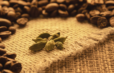several cardamom beans on burlap against a background of coffee beans