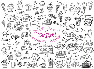 Set of doodle sweets food on white. Vector illustration. Cakes, biscuits, baking, cookie, pastries, donut, ice cream, macaroons, coffee. Perfect for dessert menu or food package design. © Lida