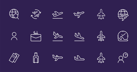 A simple set of airport related vector line icons. Contains badges such as departure, boarding, waiting time, boarding, find a place to travel tickets, and much more. Editable stroke. 48x48 pixels per