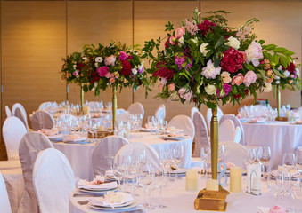 Table set for wedding or another catered event dinner.