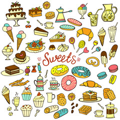 Set of colorful doodle sweets food on white. Vector illustration. Cakes, biscuits, baking, cookie, pastries, donut, ice cream, macaroons, coffee. Perfect for dessert menu or food package design.