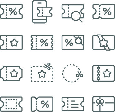 Coupon discount icons set vector illustration. Contains such icon as Voucher, Online coupon, Gift card,  and more. Expanded Stroke