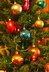 Bright decorations on christmas tree