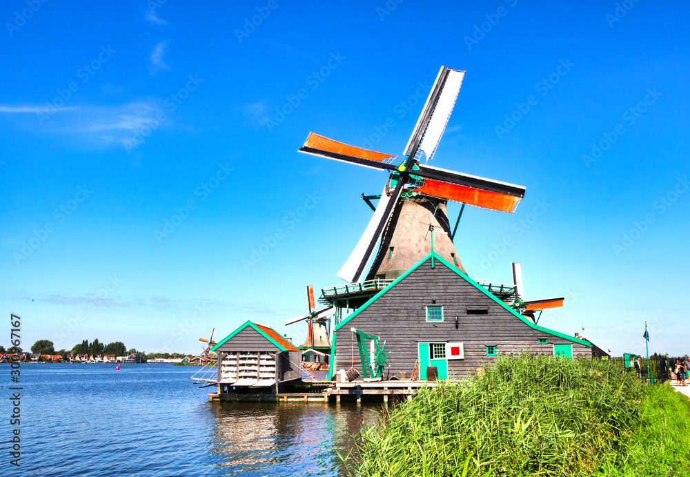 Wall mural traditional dutch windmills of the netherlands one of the main tourists attractions in holland, shot