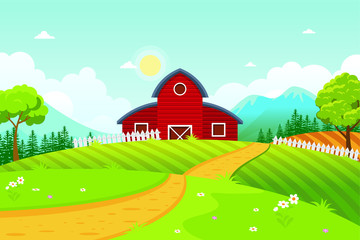 Fototapeta premium Farm Landscape Vector illustration. beautiful summer fields landscape with a shed – barn, dawn, green grass and hills, blue sky, in flat cartoon style