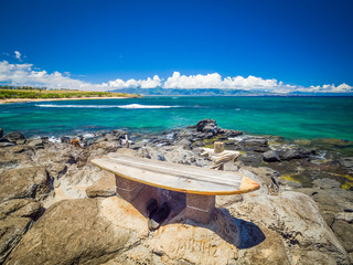 Ho'okipa Beach Park in Maui Hawaii, renowned windsurfing and surf site for wind, big waves and big...