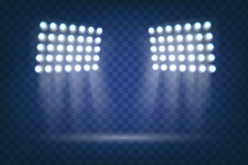 Scene illumination, transparent effects.The spotlight shines on the stage.floodlight.flash light effect.elements for the sports field.Vector sparkles on transparent background. vector © mariia_may
