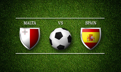 Football Match schedule, Malta vs Spain, flags of countries and soccer ball - 3D rendering