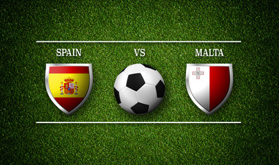 Football Match schedule, Spain vs Malta, flags of countries and soccer ball - 3D rendering