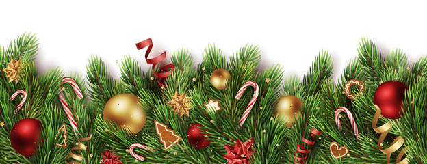 realistic fir border with colorful and detailed christmas elements