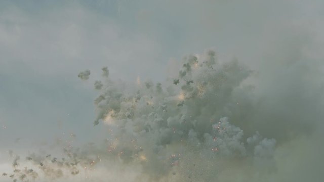 Mascleta Daytime fireworks for Fallas Holiday in Valencia Spain. View of the sky and smoke with high quality sound