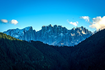 Panoramic view of the Latemar mountains near Tiers in South Tyrol on a beautiful bright autumn day in Italy