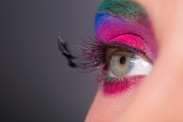 bright fashionable eye with feathers on eyelashes