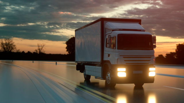 White delivery truck on asphalt road highway at sunset - transportation background. 3d rendering