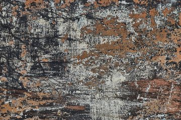 Eroded metal texture with black paint splashes, abstract grunge background