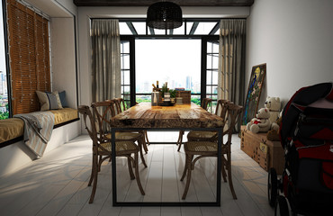 Dining room with veranda, tableware and stroller, 3d rendering, 3d illustration