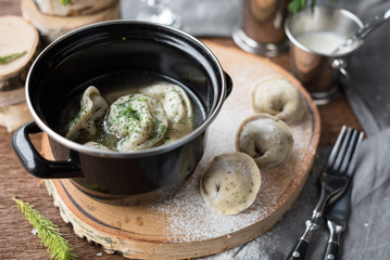 Russian Traditional Meat Dumplings Served in Broth, Pelmeni